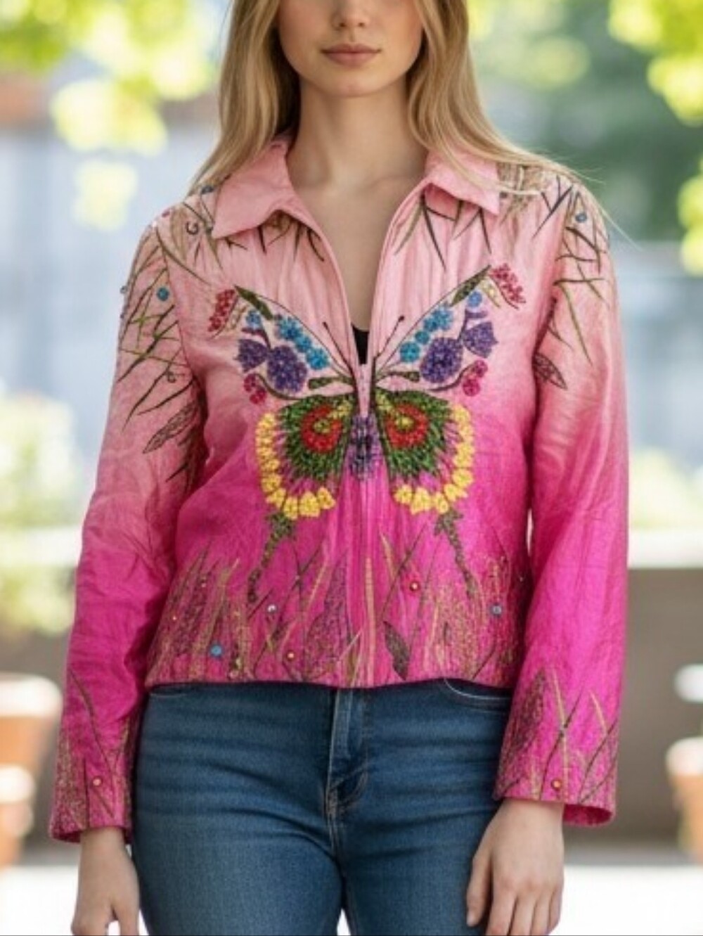 Anage Pink Ombre Embroidered Butterfly Bomber Jacket Size Small